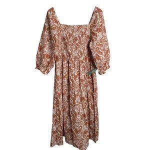 J. Gee Womens Cotton Broadcloth Orange Paisley Midi Dress PXL Cottagecore Demure